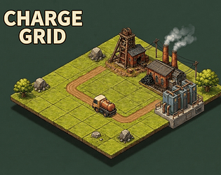 Charge Grid cover art showing an isometric power network with a mine, factory, truck, and transformer station