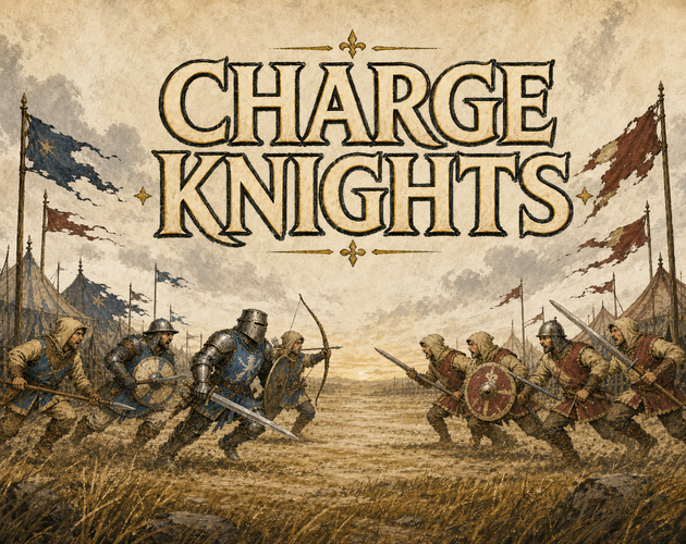 Charge Knights cover art showing two storybook medieval warbands charging across a battlefield