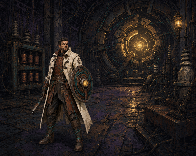The Hollow Signal cover art showing a lone traveler before a glowing mechanical tunnel